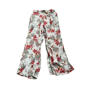 White floral linen pants elastic waist & pockets size medium red & orange